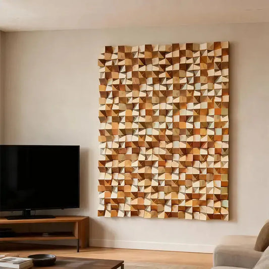 Natural Wood Tone Organic 3D Wood Mosaic Wall Sculpture Artmeto Wood wall art