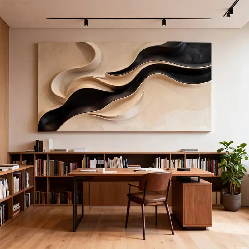 Neutral Fluid Form Textured - Black & Beige Wave 3D Relief Wall Sculpture Artmeto Wood wall art-1