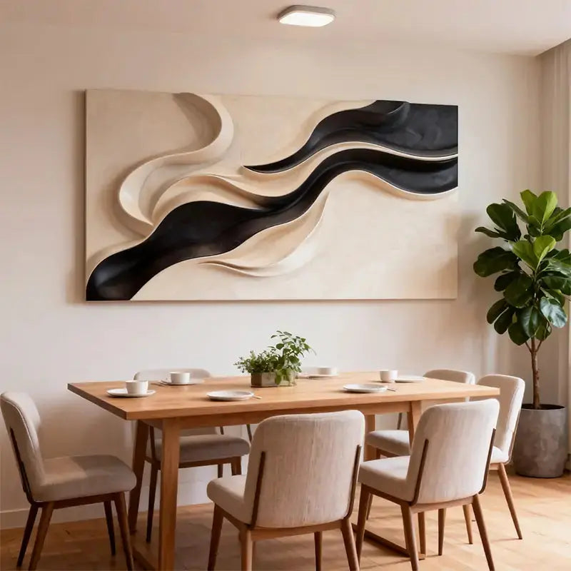 Neutral Fluid Form Textured - Black & Beige Wave 3D Relief Wall Sculpture Artmeto Wood wall art-4
