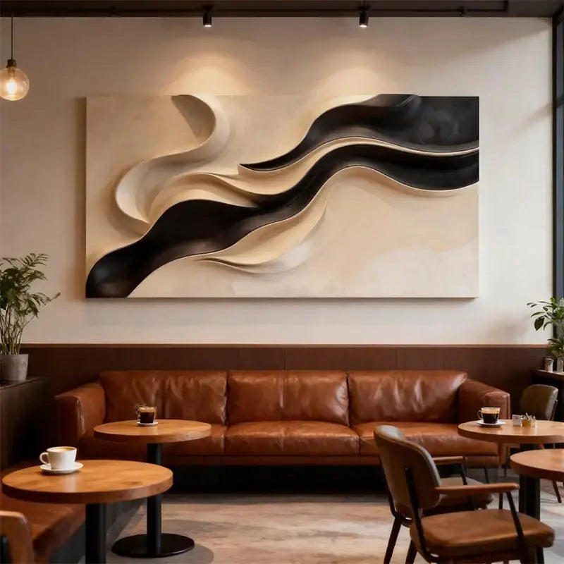 Neutral Fluid Form Textured - Black & Beige Wave 3D Relief Wall Sculpture Artmeto Wood wall art-5