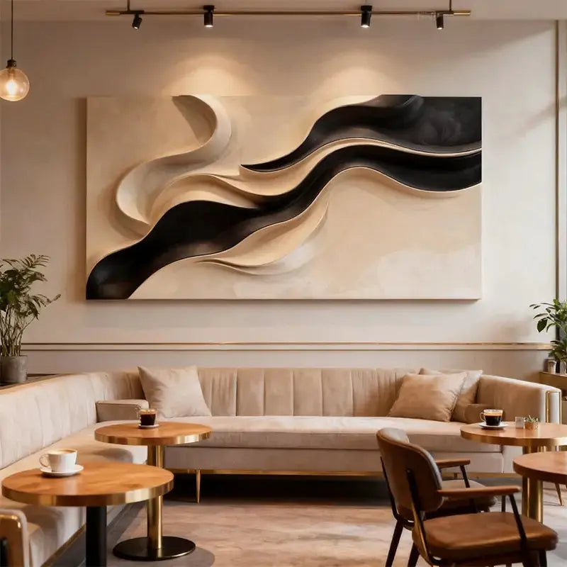 Neutral Fluid Form Textured - Black & Beige Wave 3D Relief Wall Sculpture Artmeto Wood wall art-10