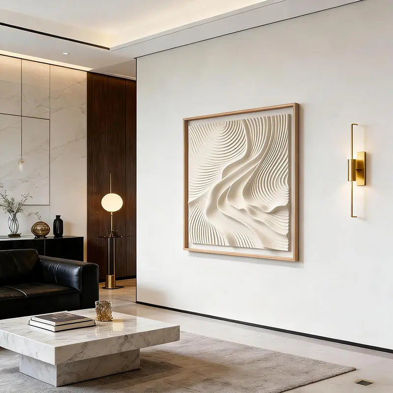 Neutral Wave 3D Relief Wall Art with Wood Frame Artmeto Wood wall art-4