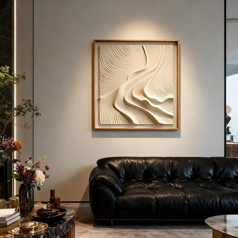 Neutral Wave 3D Relief Wall Art with Wood Frame Artmeto Wood wall art-6