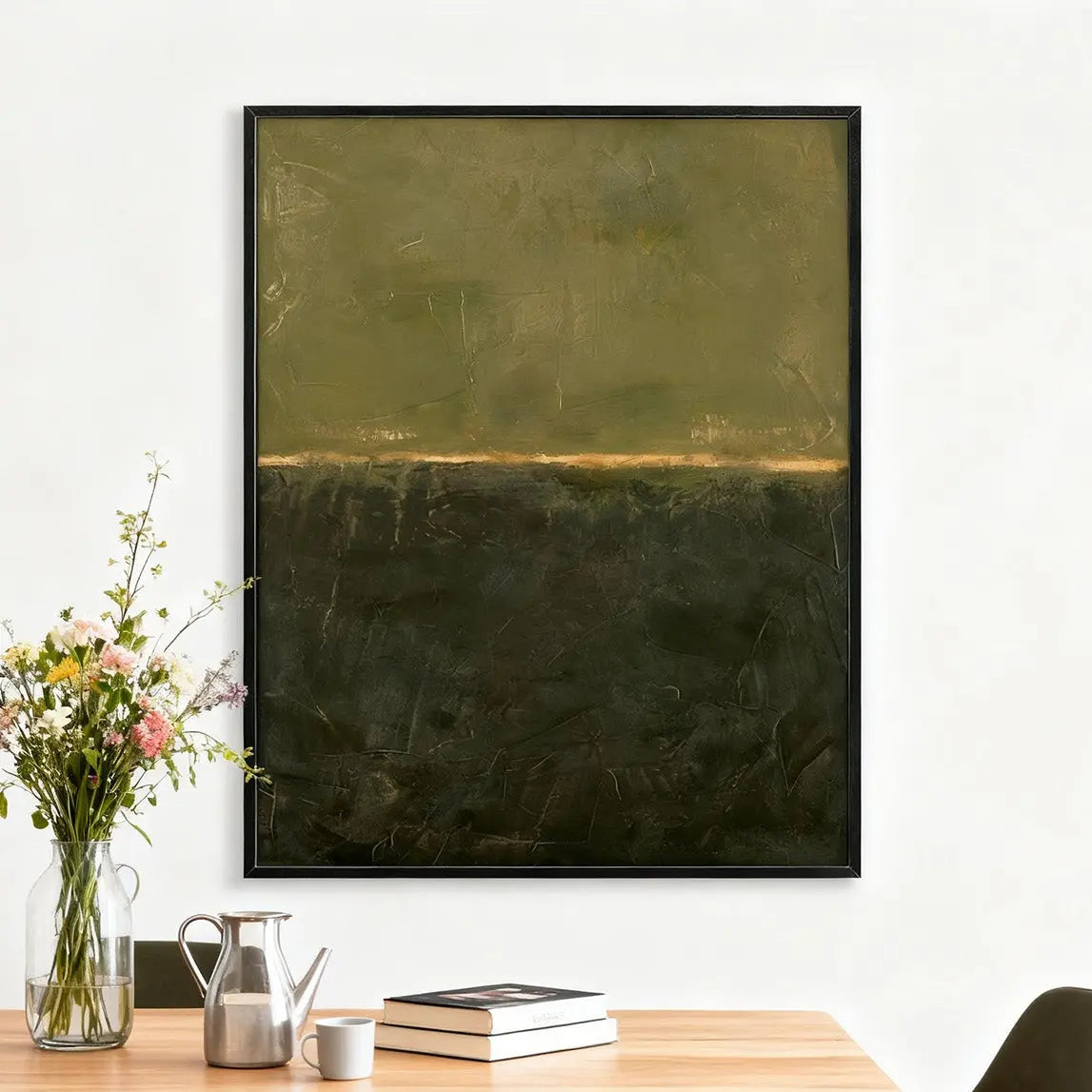 Olive Green Abstract Wall Art-Gold Line Textured Canvas Decor-Artmeto Artmeto Wood wall art