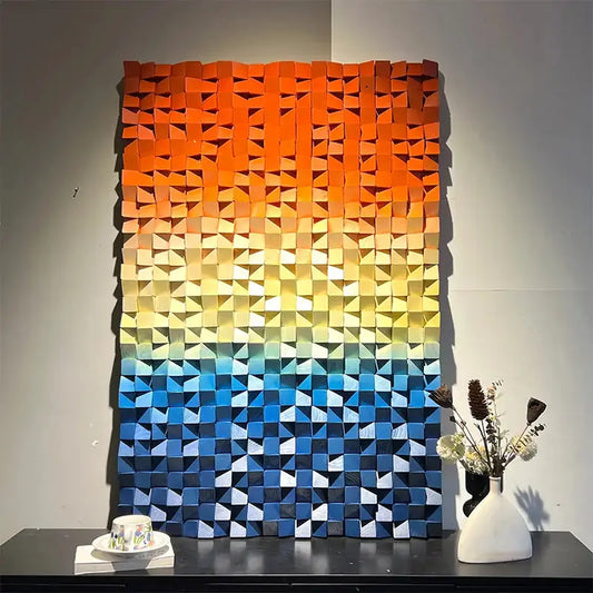 Orange-Blue Gradient Geometric Wood Relief Wall Art Textured Design Artmeto Wood wall art
