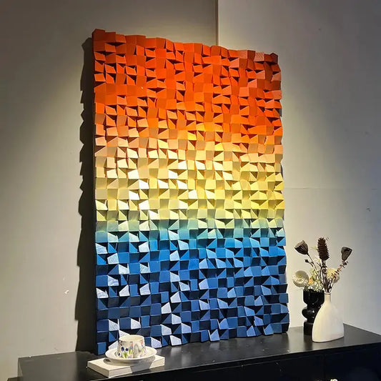 Orange-Blue Gradient Geometric Wood Relief Wall Art Textured Design Artmeto Wood wall art