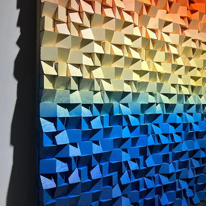 Orange-Blue Gradient Geometric Wood Relief Wall Art Textured Design Artmeto Wood wall art