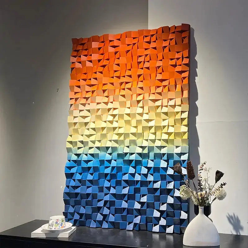Orange-Blue Gradient Geometric Wood Relief Wall Art Textured Design Artmeto Wood wall art