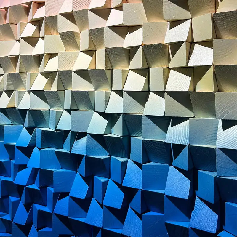 Orange-Blue Gradient Geometric Wood Relief Wall Art Textured Design Artmeto Wood wall art
