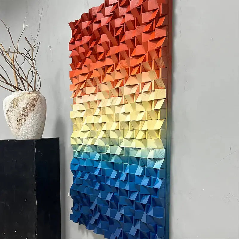 Orange-Blue Gradient Geometric Wood Relief Wall Art Textured Design Artmeto Wood wall art