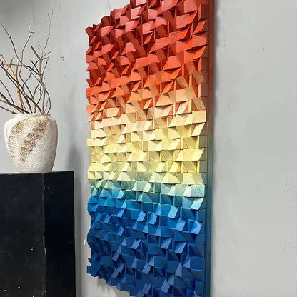 Orange-Blue Gradient Geometric Wood Relief Wall Art Textured Design Artmeto Wood wall art