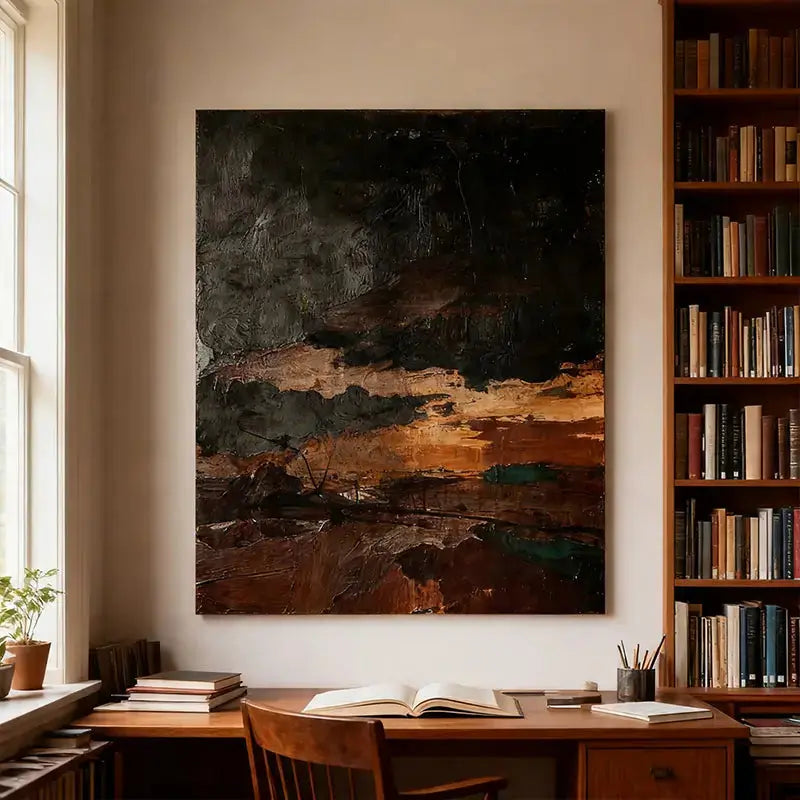 Profound Burnt Amber and Charcoal Black Abstract Canvas Oil Painting Artmeto Wood wall art