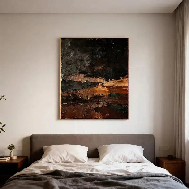 Profound Burnt Amber and Charcoal Black Abstract Canvas Oil Painting Artmeto Wood wall art
