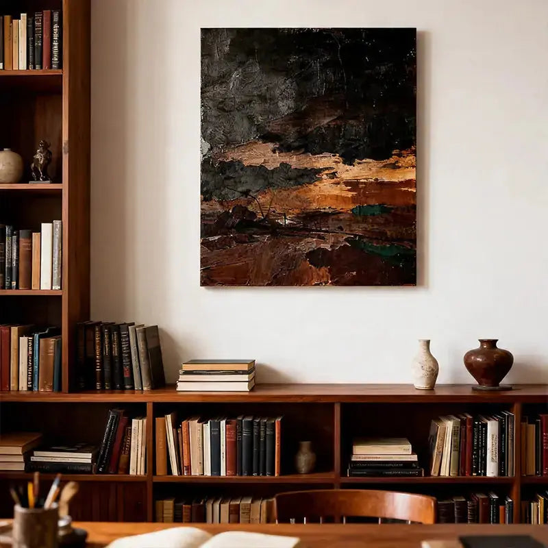 Profound Burnt Amber and Charcoal Black Abstract Canvas Oil Painting Artmeto Wood wall art