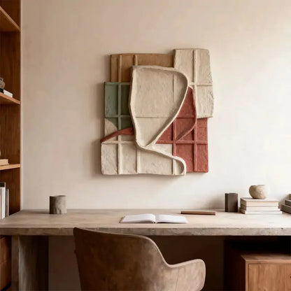 Red Clay & Cream Muted Grid Fold Collage 3D Relief Wall Art Artmeto Wood wall art-1