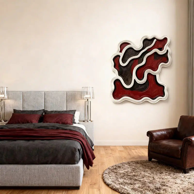 Red & Black Wavy Layered Textured - 3D Relief Wall Sculpture Artmeto Wood wall art-3