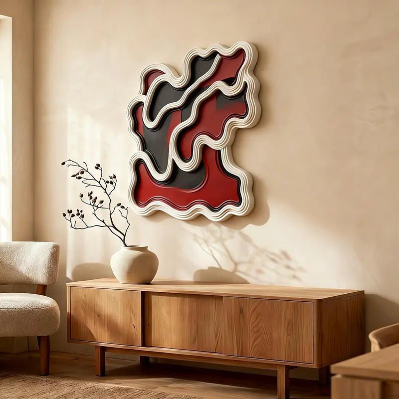 Red & Black Wavy Layered Textured - 3D Relief Wall Sculpture Artmeto Wood wall art-4