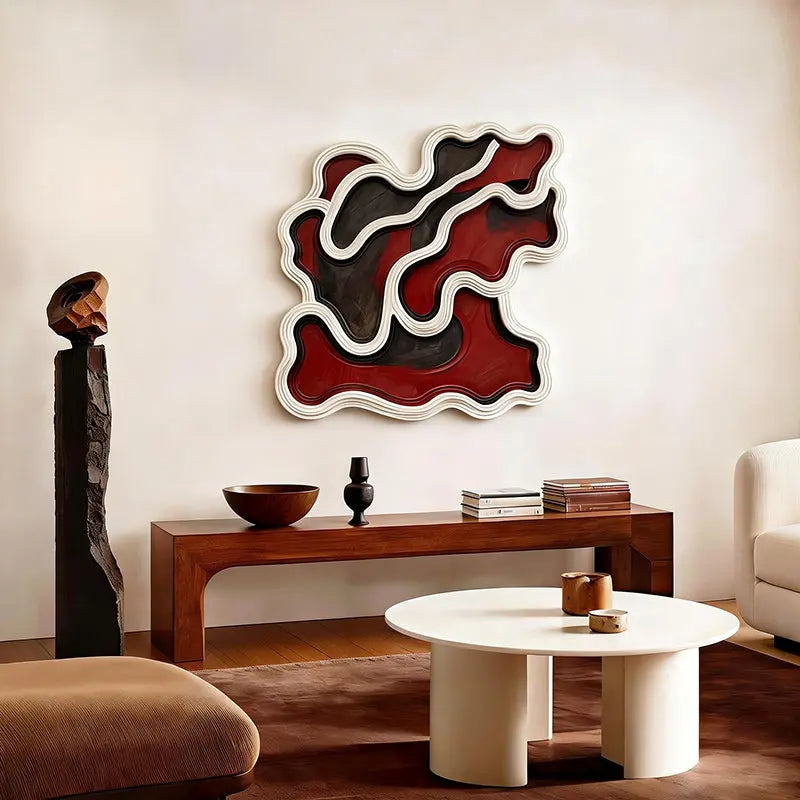 Red & Black Wavy Layered Textured - 3D Relief Wall Sculpture Artmeto Wood wall art-5