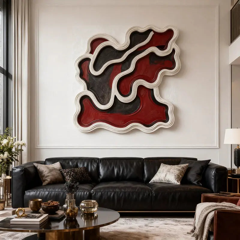Red & Black Wavy Layered Textured - 3D Relief Wall Sculpture Artmeto Wood wall art-1