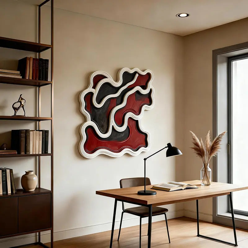 Red & Black Wavy Layered Textured - 3D Relief Wall Sculpture Artmeto Wood wall art-6