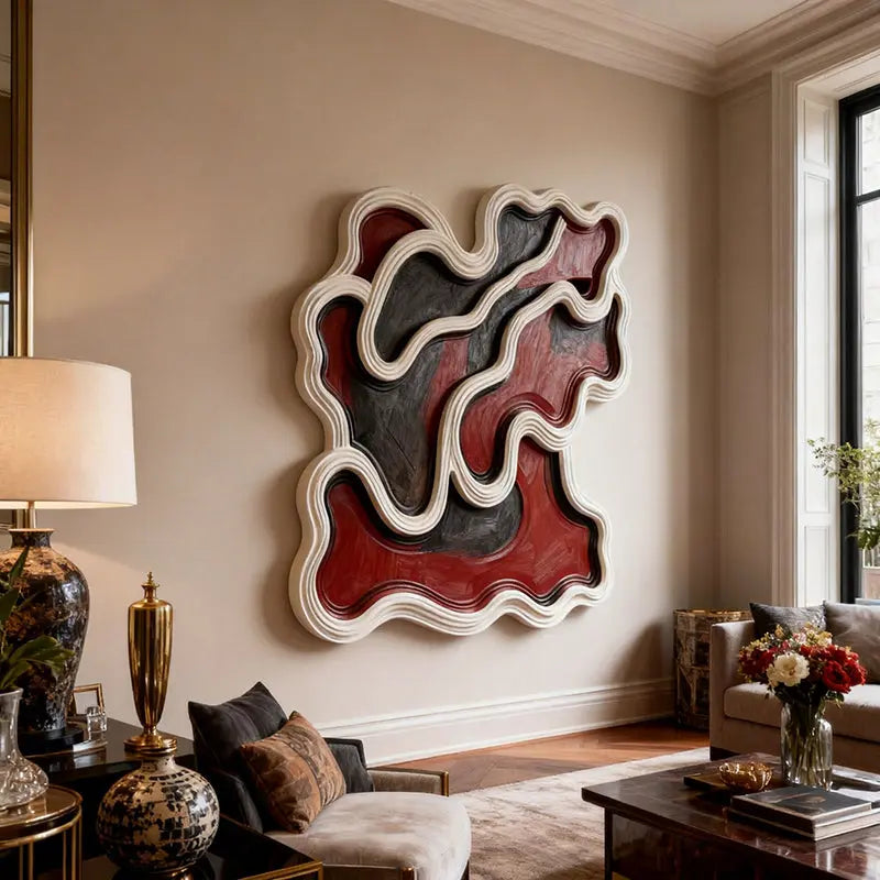 Red & Black Wavy Layered Textured - 3D Relief Wall Sculpture Artmeto Wood wall art-7