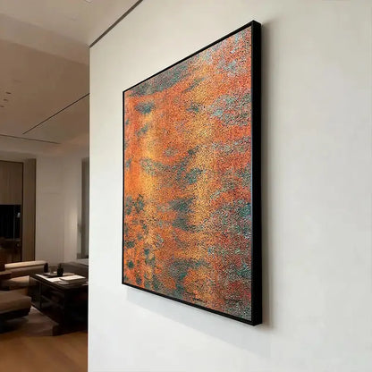Rust Orange & Teal Patina Textured Abstract Oil Painting for Modern Home Decor Artmeto Wood wall art