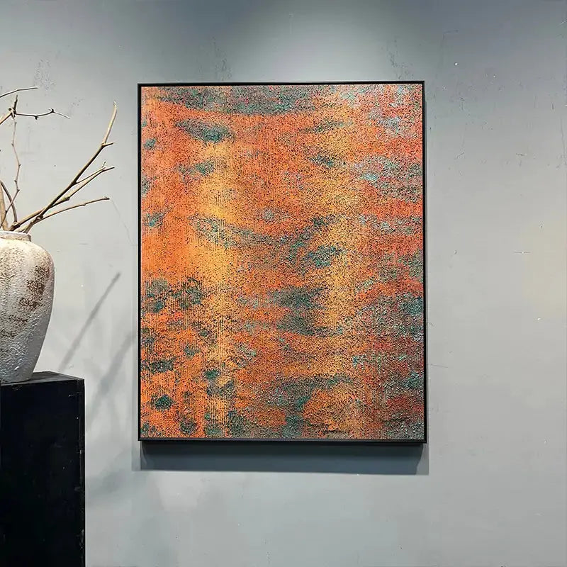 Rust Orange & Teal Patina Textured Abstract Oil Painting for Modern Home Decor Artmeto Wood wall art