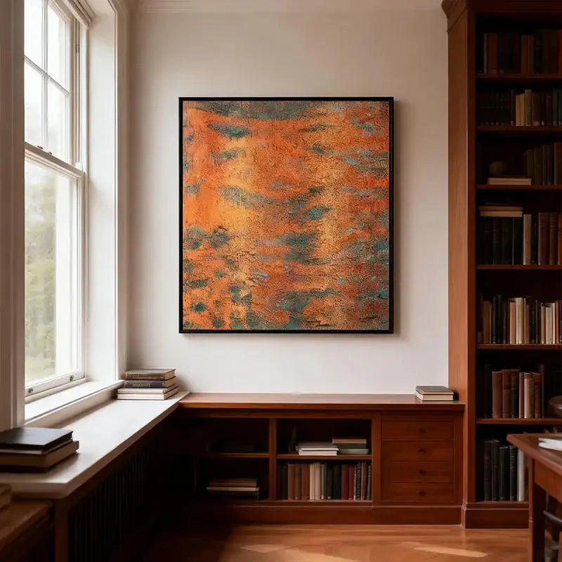Rust Orange & Teal Patina Textured Abstract Oil Painting for Modern Home Decor Artmeto Wood wall art