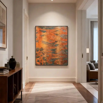 Rust Orange & Teal Patina Textured Abstract Oil Painting for Modern Home Decor Artmeto Wood wall art