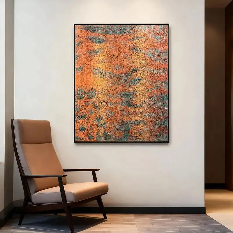 Rust Orange & Teal Patina Textured Abstract Oil Painting for Modern Home Decor Artmeto Wood wall art