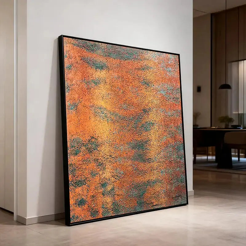 Rust Orange & Teal Patina Textured Abstract Oil Painting for Modern Home Decor Artmeto Wood wall art