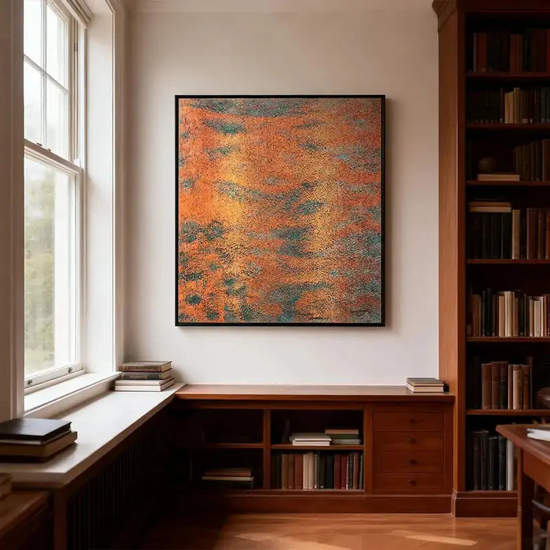 Rust Orange & Teal Patina Textured Abstract Oil Painting for Modern Home Decor Artmeto Wood wall art
