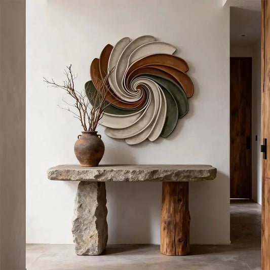 Sage Green, Terracotta and Ivory Circular Spiral Sculptural | Wabi Sabi Swirl 3D Relief Wall Decor Artmeto Wood wall art