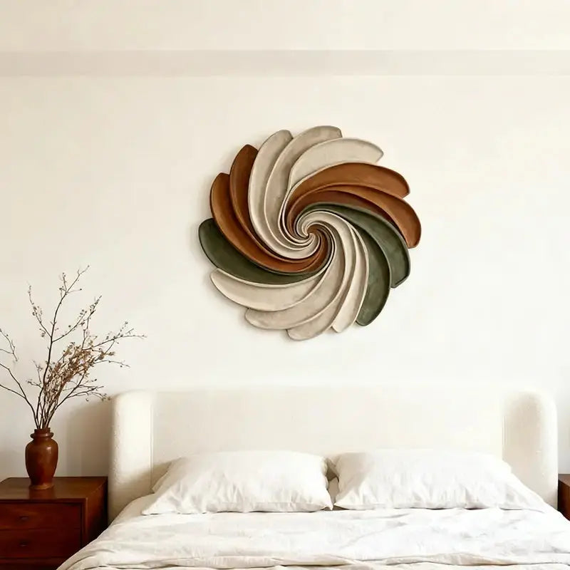 Sage Green, Terracotta and Ivory Circular Spiral Sculptural | Wabi Sabi Swirl 3D Relief Wall Decor Artmeto Wood wall art