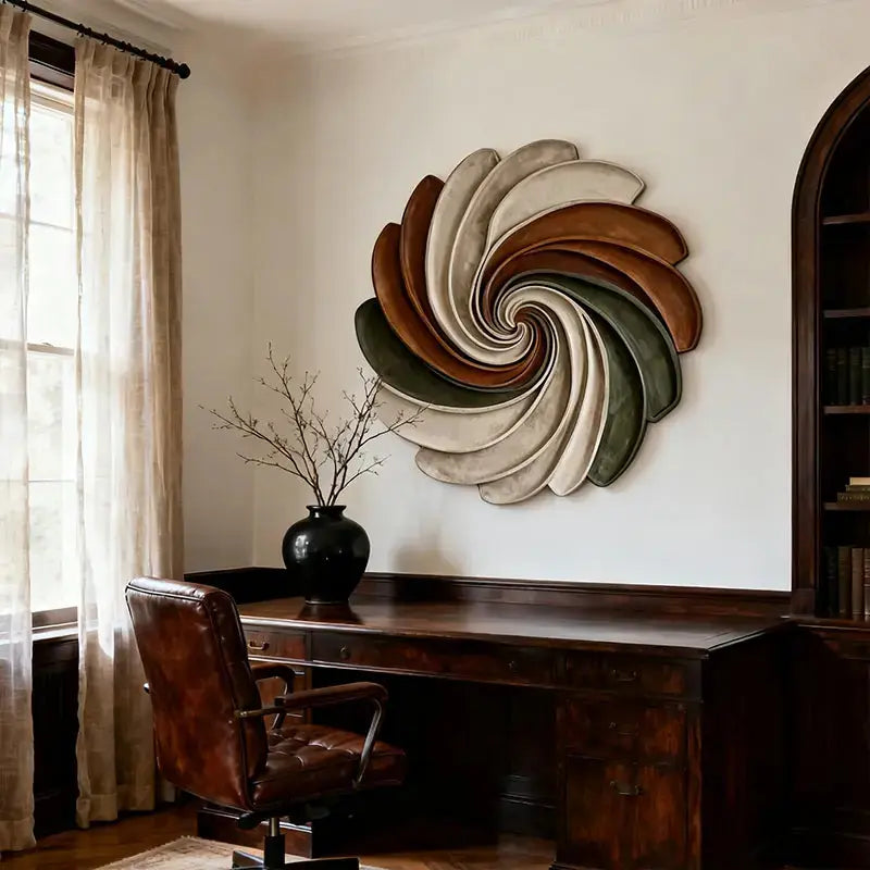 Sage Green, Terracotta and Ivory Circular Spiral Sculptural | Wabi Sabi Swirl 3D Relief Wall Decor Artmeto Wood wall art
