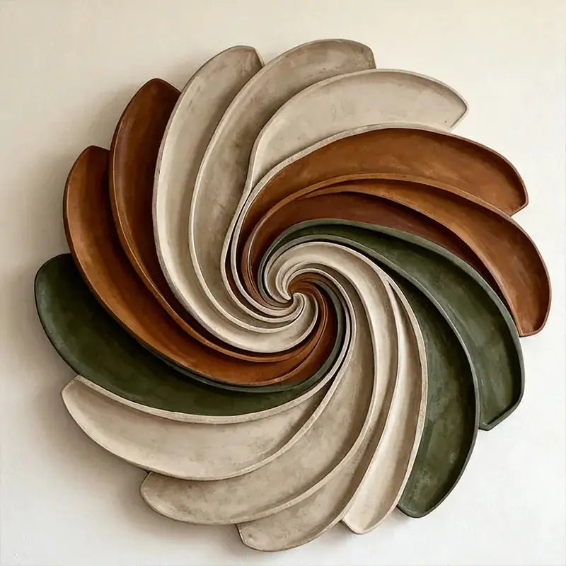 Sage Green, Terracotta and Ivory Circular Spiral Sculptural | Wabi Sabi Swirl 3D Relief Wall Decor Artmeto Wood wall art