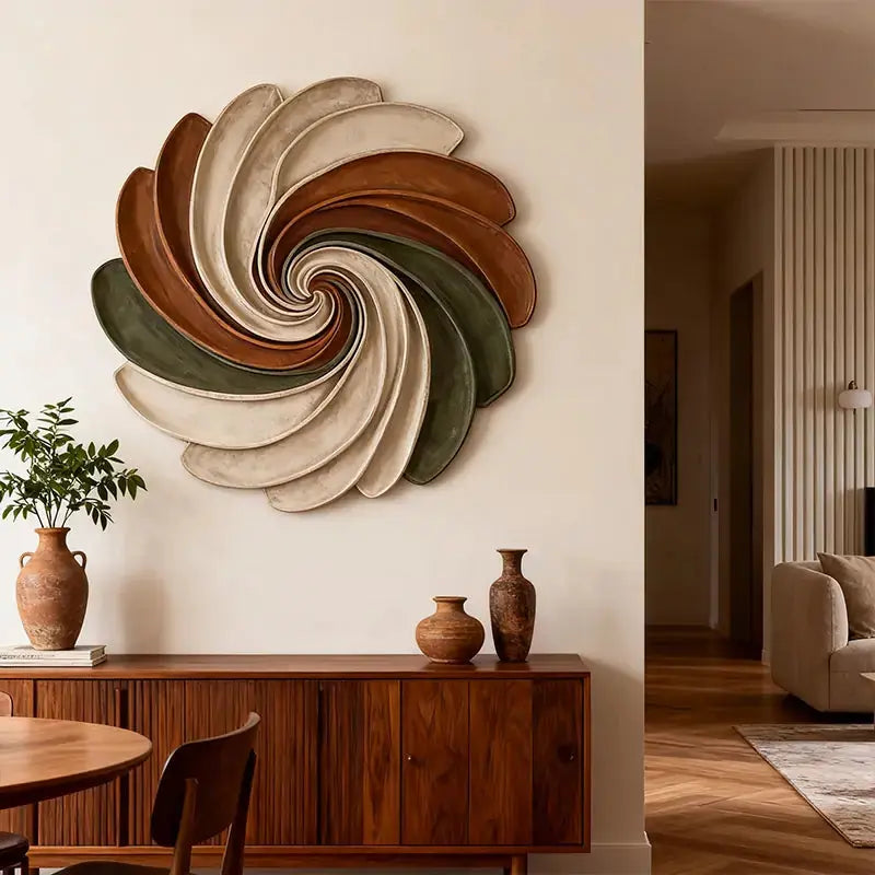 Sage Green, Terracotta and Ivory Circular Spiral Sculptural | Wabi Sabi Swirl 3D Relief Wall Decor Artmeto Wood wall art
