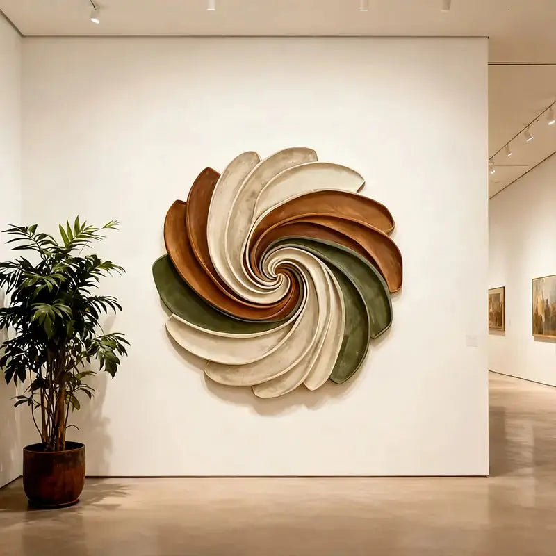 Sage Green, Terracotta and Ivory Circular Spiral Sculptural | Wabi Sabi Swirl 3D Relief Wall Decor Artmeto Wood wall art