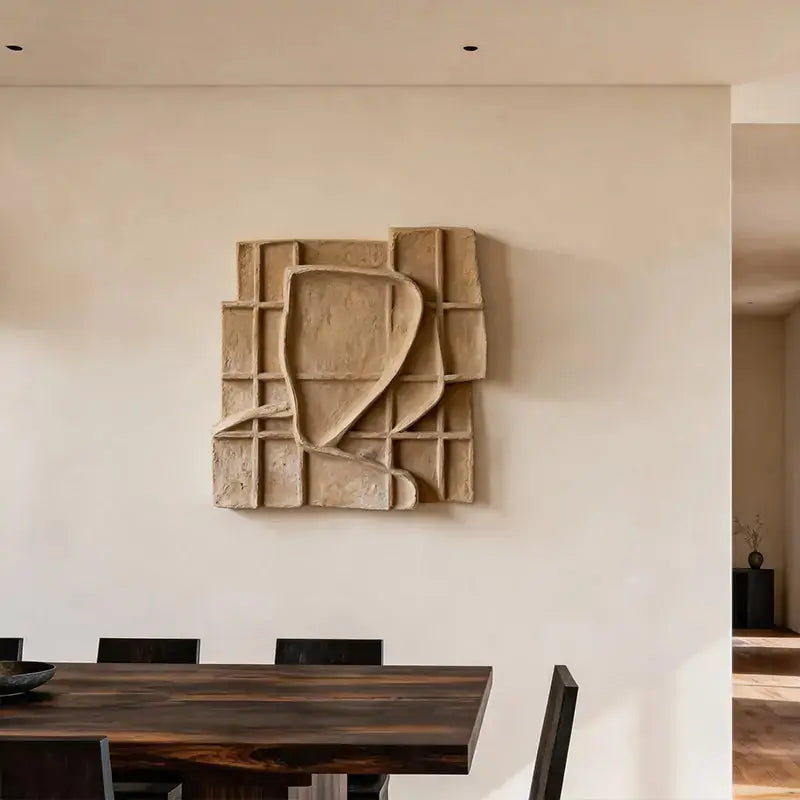 Sand Beige Grid Wabi Sabi Geometric Abstract Sculptural Wall Decor Artmeto Wood wall art