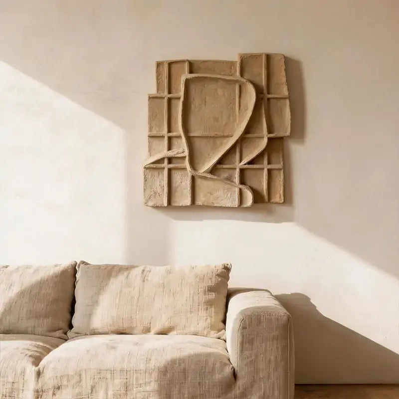 Sand Beige Grid Wabi Sabi Geometric Abstract Sculptural Wall Decor Artmeto Wood wall art