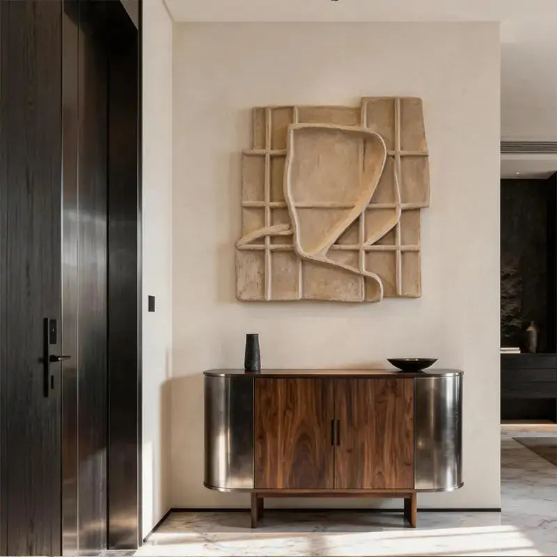 Sand Beige Grid Wabi Sabi Geometric Abstract Sculptural Wall Decor Artmeto Wood wall art