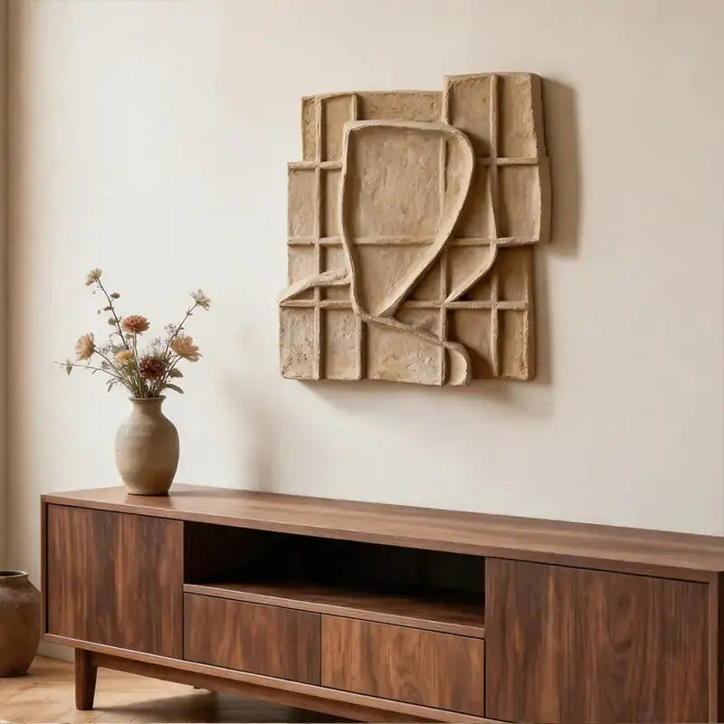 Sand Beige Grid Wabi Sabi Geometric Abstract Sculptural Wall Decor Artmeto Wood wall art