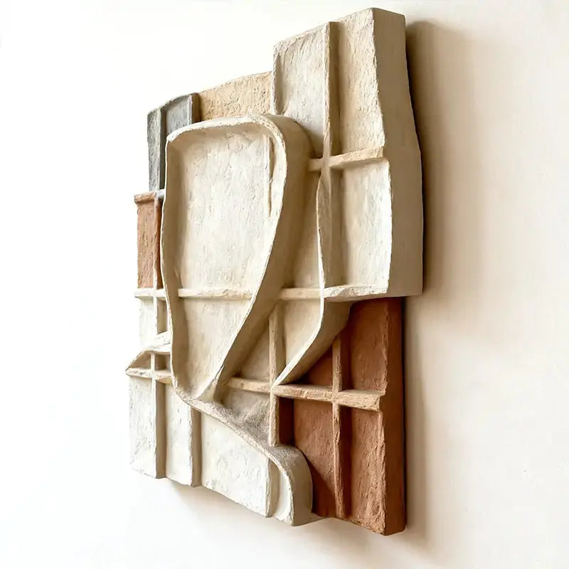Sand Beige Grid Wabi Sabi Geometric Abstract Sculptural Wall Decor（副本） Artmeto Wood wall art