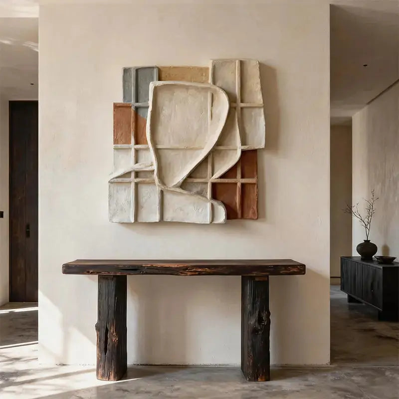 Sand Beige Grid Wabi Sabi Geometric Abstract Sculptural Wall Decor（副本） Artmeto Wood wall art