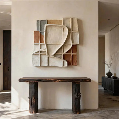 Sand Beige Grid Wabi Sabi Geometric Abstract Sculptural Wall Decor（副本） Artmeto Wood wall art