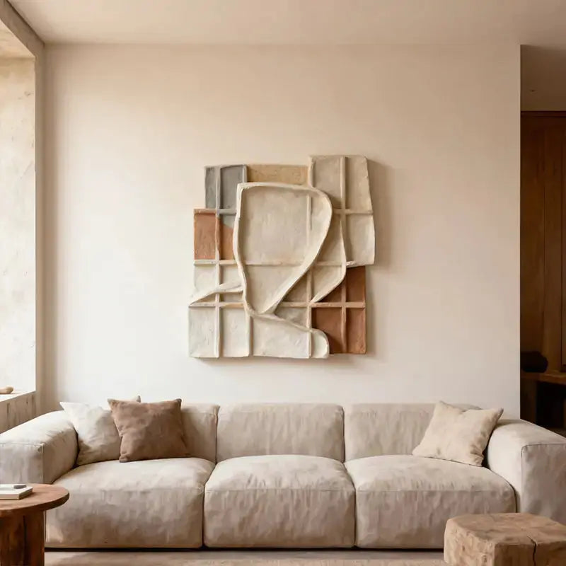 Sand Beige Grid Wabi Sabi Geometric Abstract Sculptural Wall Decor（副本） Artmeto Wood wall art