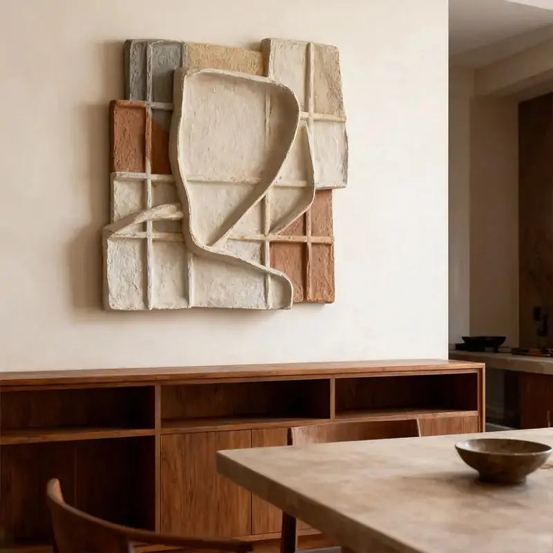 Sand Beige Grid Wabi Sabi Geometric Abstract Sculptural Wall Decor（副本） Artmeto Wood wall art
