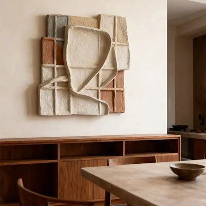 Sand Beige Grid Wabi Sabi Geometric Abstract Sculptural Wall Decor（副本） Artmeto Wood wall art