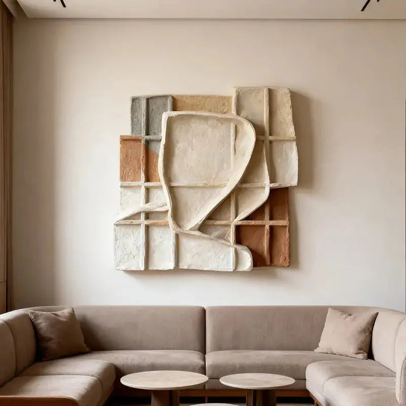 Sand Beige Grid Wabi Sabi Geometric Abstract Sculptural Wall Decor（副本） Artmeto Wood wall art