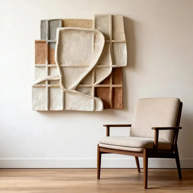 Sand Beige Grid Wabi Sabi Geometric Abstract Sculptural Wall Decor（副本） Artmeto Wood wall art